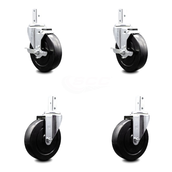 5 Inch Hard Rubber Wheel Swivel 7/8 Inch Square Stem Caster Brakes SCC, 2PK